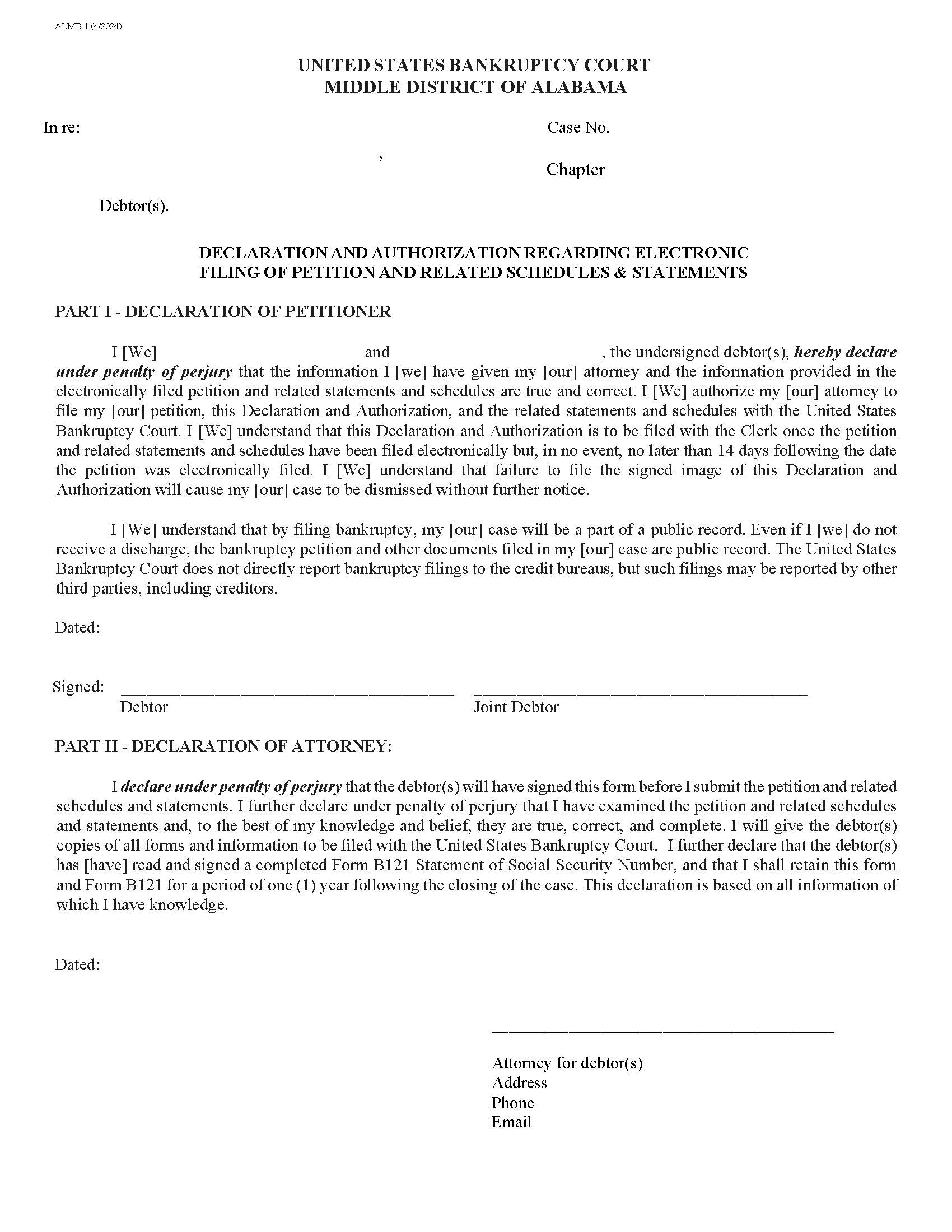 Declaration And Authorization Regarding Electronic Filing {1} | Pdf Fpdf Docx | Alabama