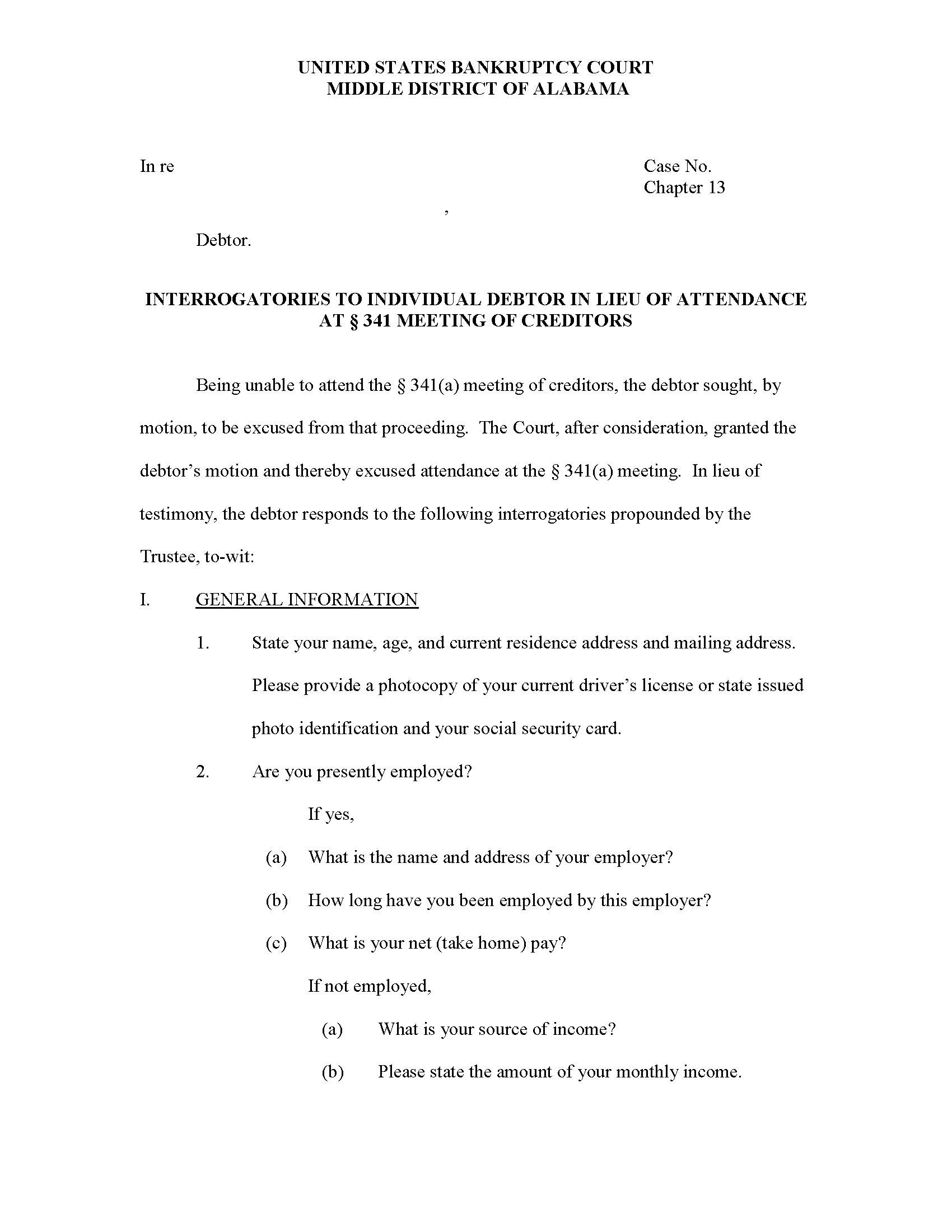 Interrogatories To Individual Debtor In Lieu Of Attendance | Pdf Fpdf Docx | Alabama