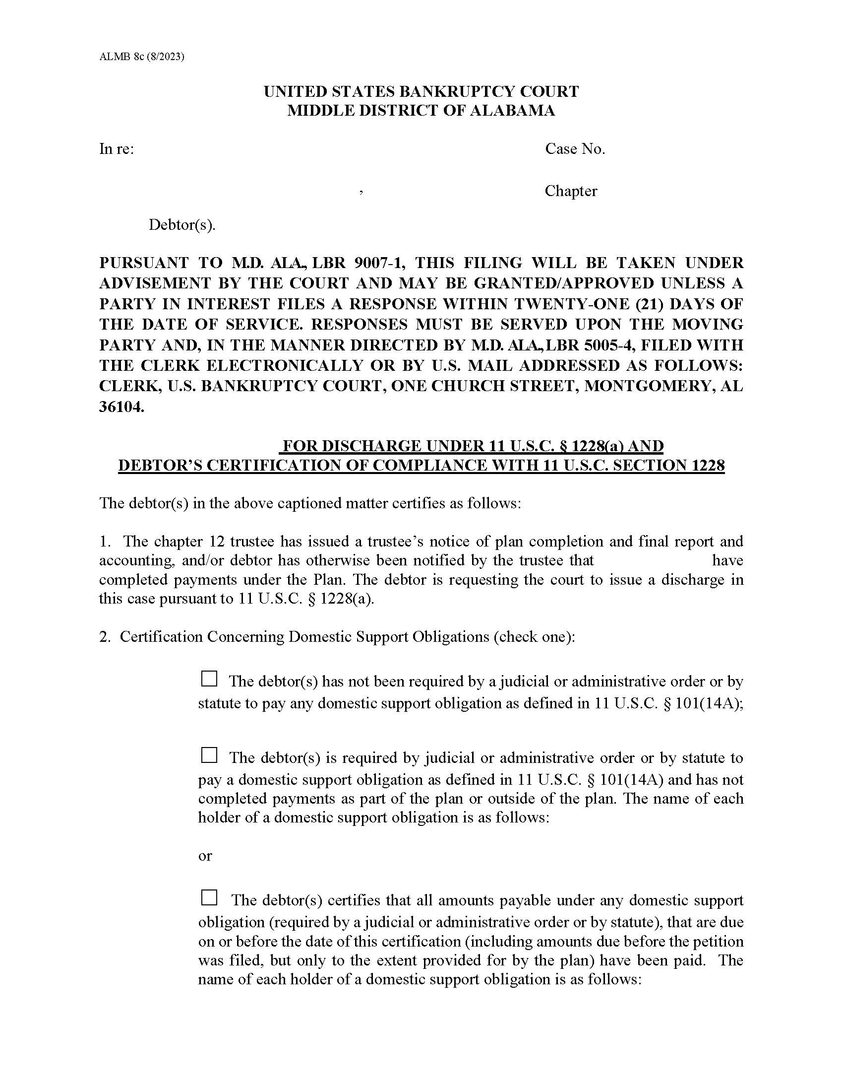 Motion For Discharge Chapter 12 {8C} | Pdf Fpdf Docx | Alabama