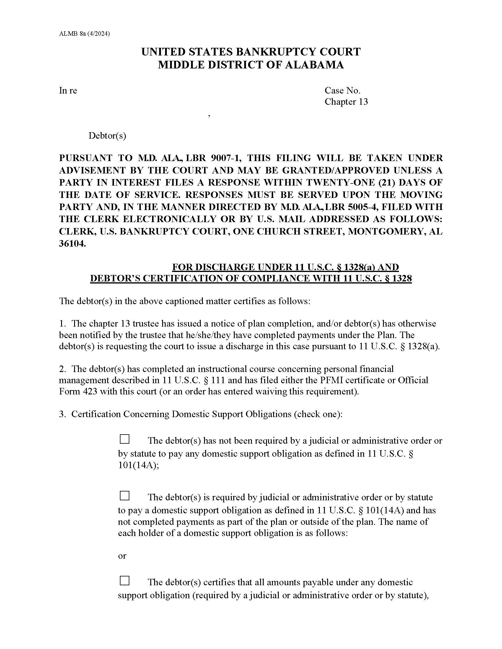 Motion For Discharge Chapter 13 {8A} | Pdf Fpdf Docx | Alabama
