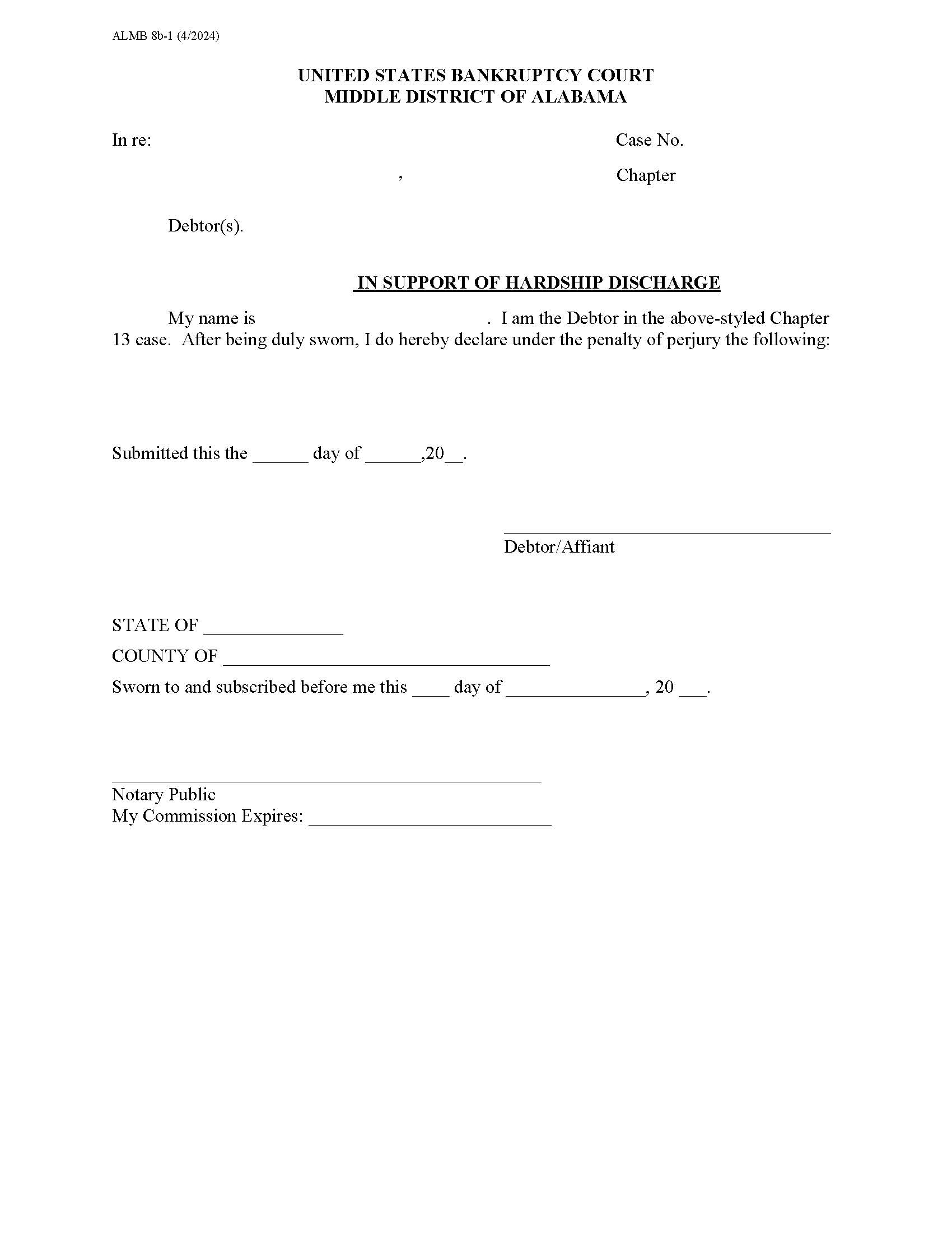 Motion For Hardship Discharge Affidavit Chapter 13 {8B1} | Pdf Fpdf Docx | Alabama