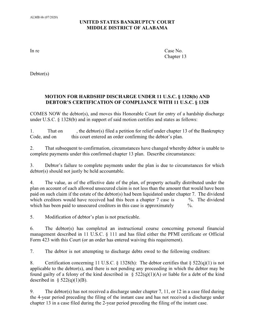 Motion For Hardship Discharge Chapter 13 {6b} | Pdf Fpdf Docx | Alabama
