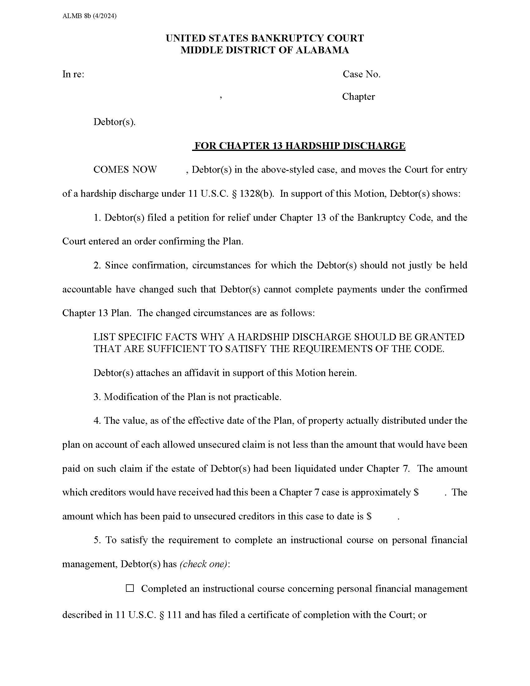 Motion For Hardship Discharge Chapter 13 {8B} | Pdf Fpdf Docx | Alabama