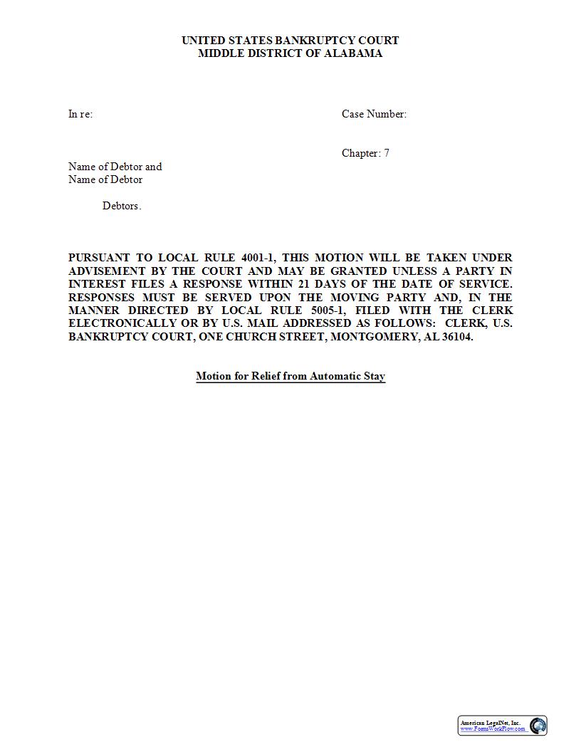Motion For Relief From Automatic Stay Chapter 7 | Pdf Fpdf Docx | Alabama