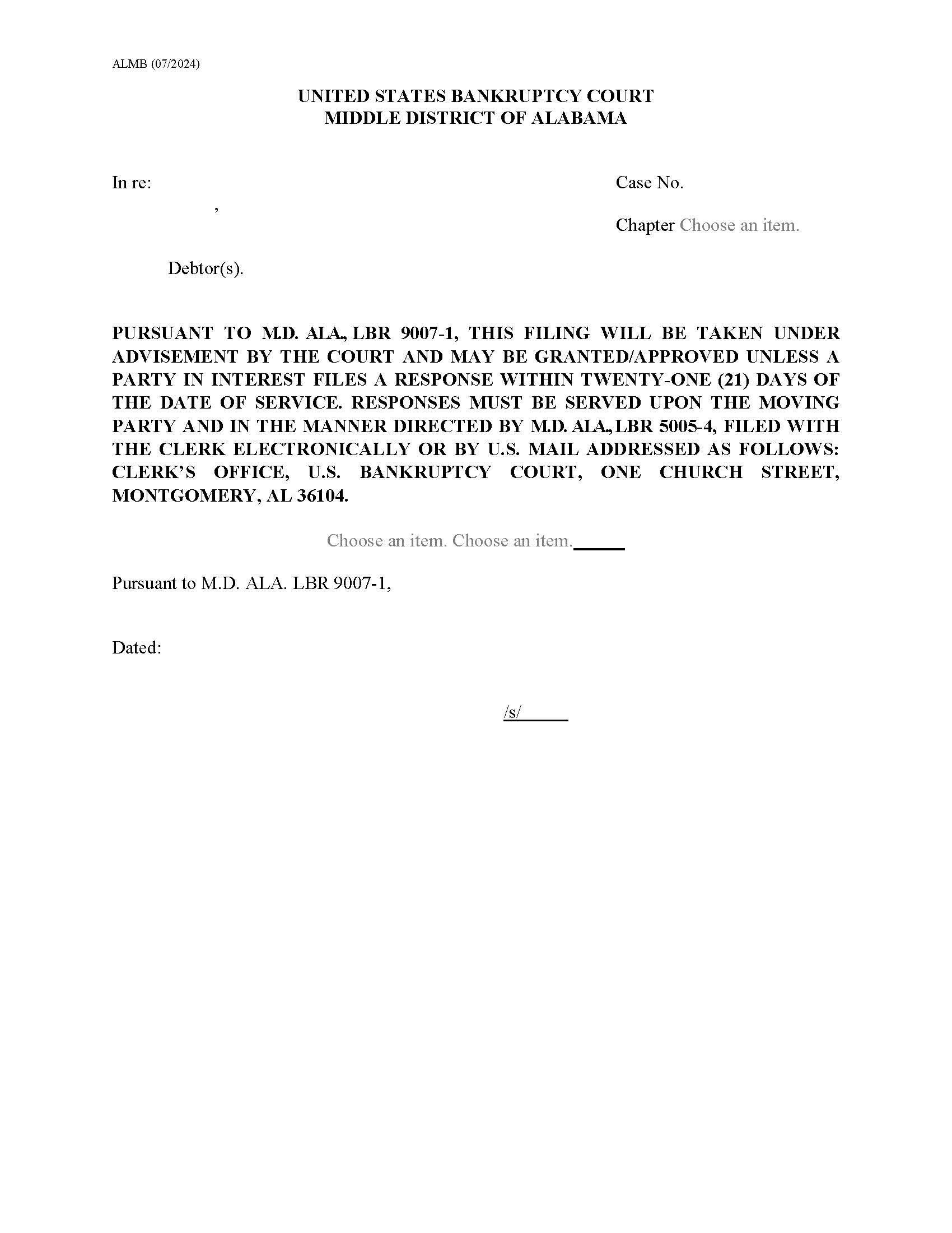 Motion Template With Negative Language {Rule 9007-1} | Pdf Fpdf Docx | Alabama