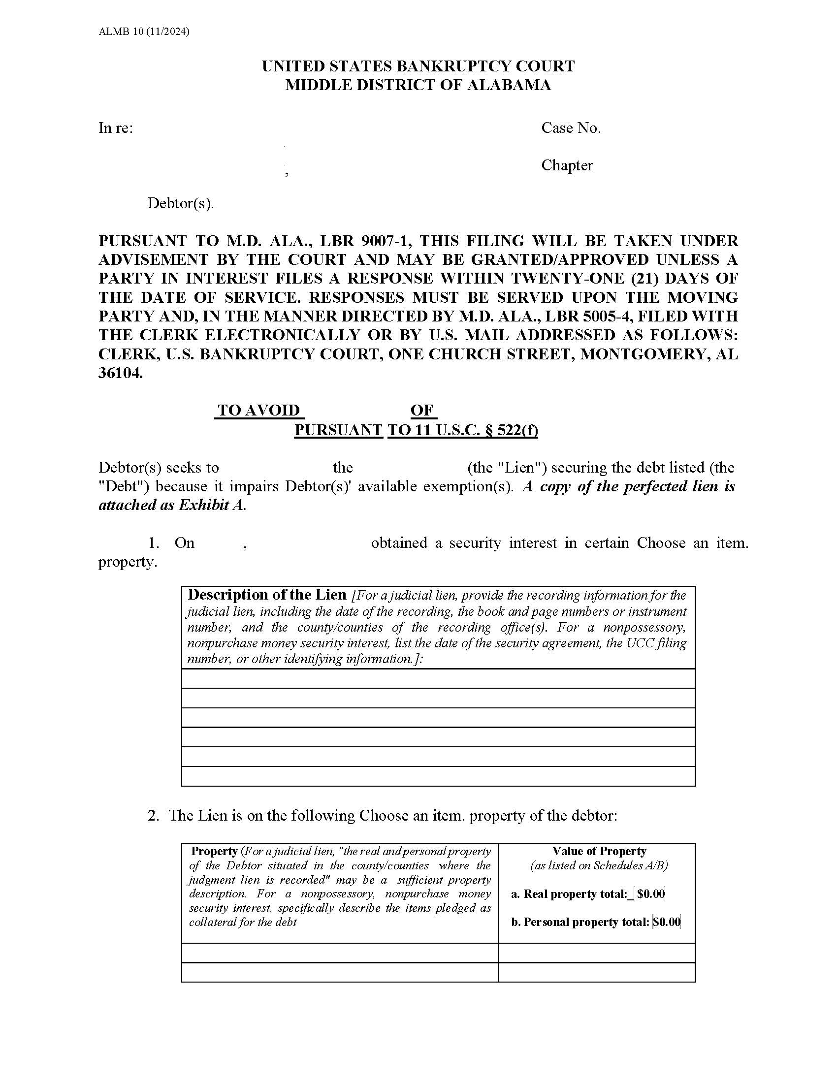 Motion To Avoid Lien {10} | Pdf Fpdf Docx | Alabama