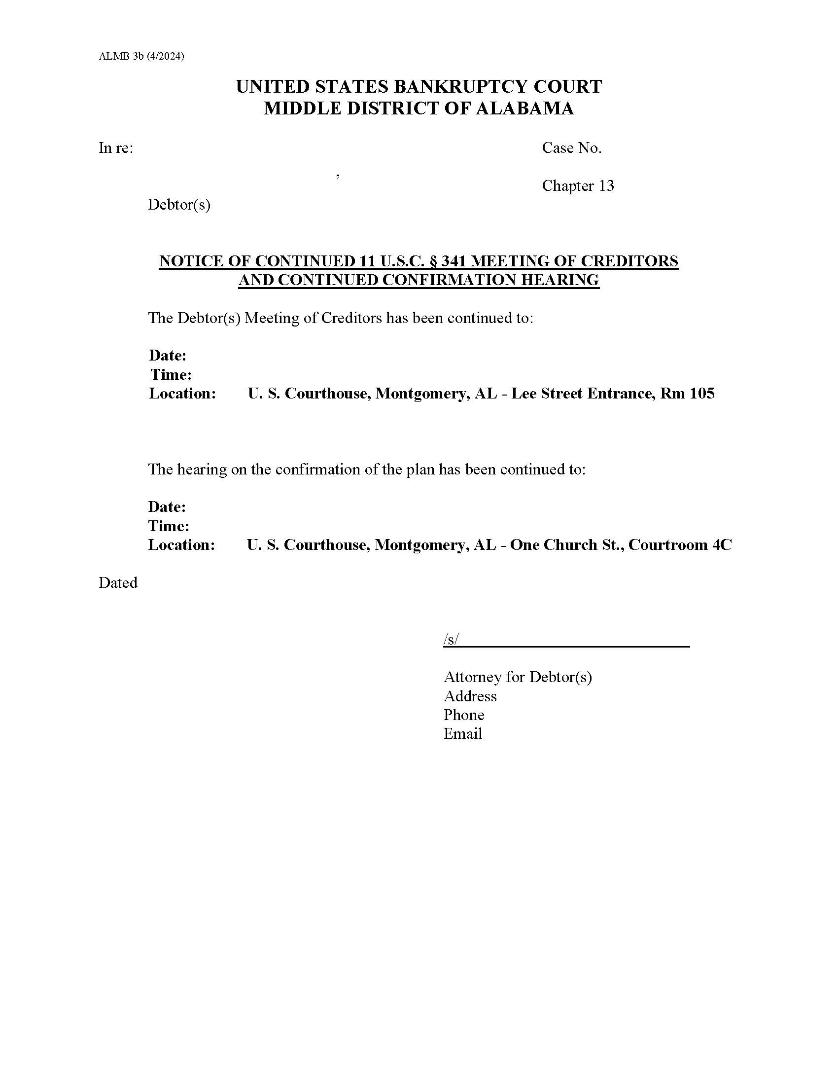 Notice Of Continued 11 U.S.C. 341 Meeting Of Creditors (Chapter 13){3B} | Pdf Fpdf Docx | Alabama