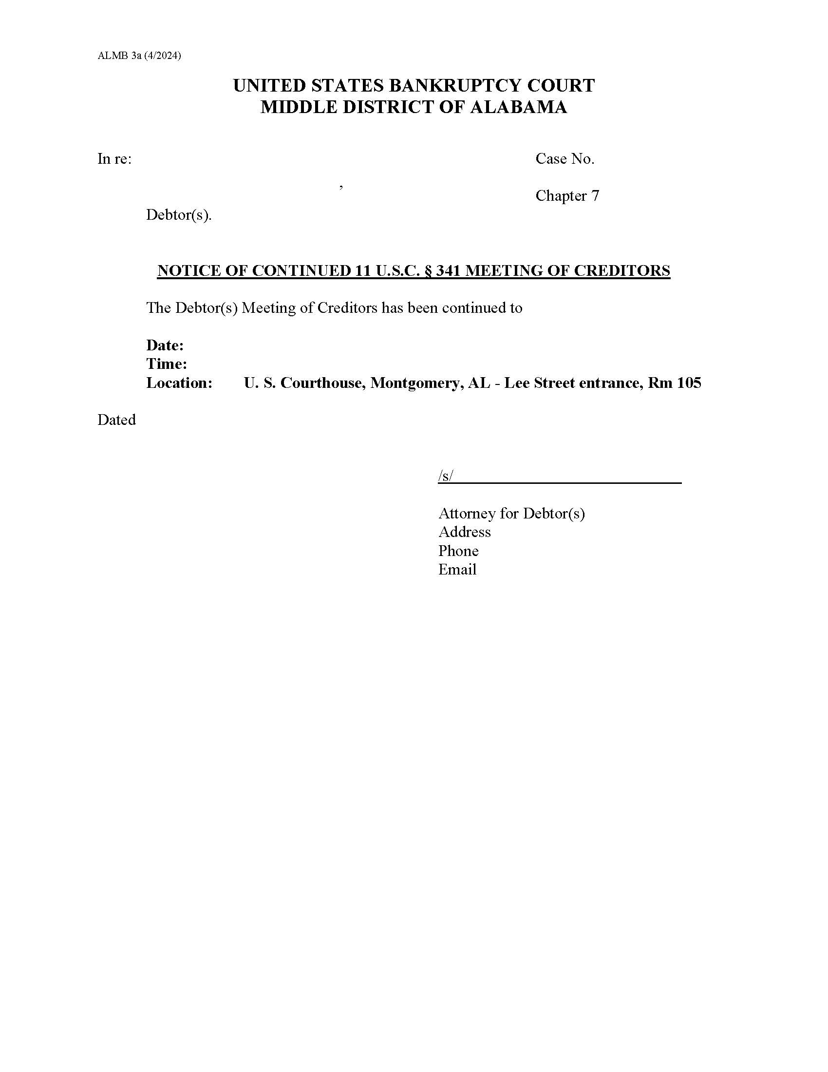 Notice Of Continued 11 U.S.C. 341 Meeting Of Creditors Ch (Chapter 7){3A} | Pdf Fpdf Docx | Alabama
