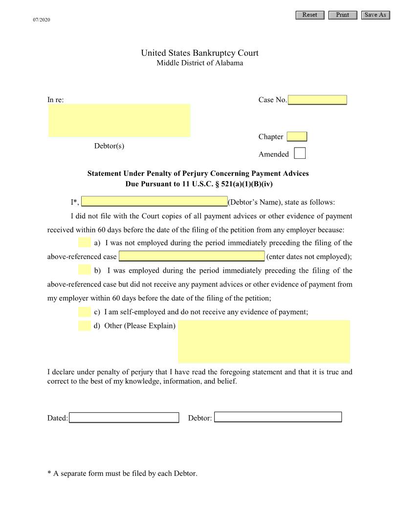Statement Under Penalty Of Perjury Concerning Payment Advices |  | Alabama