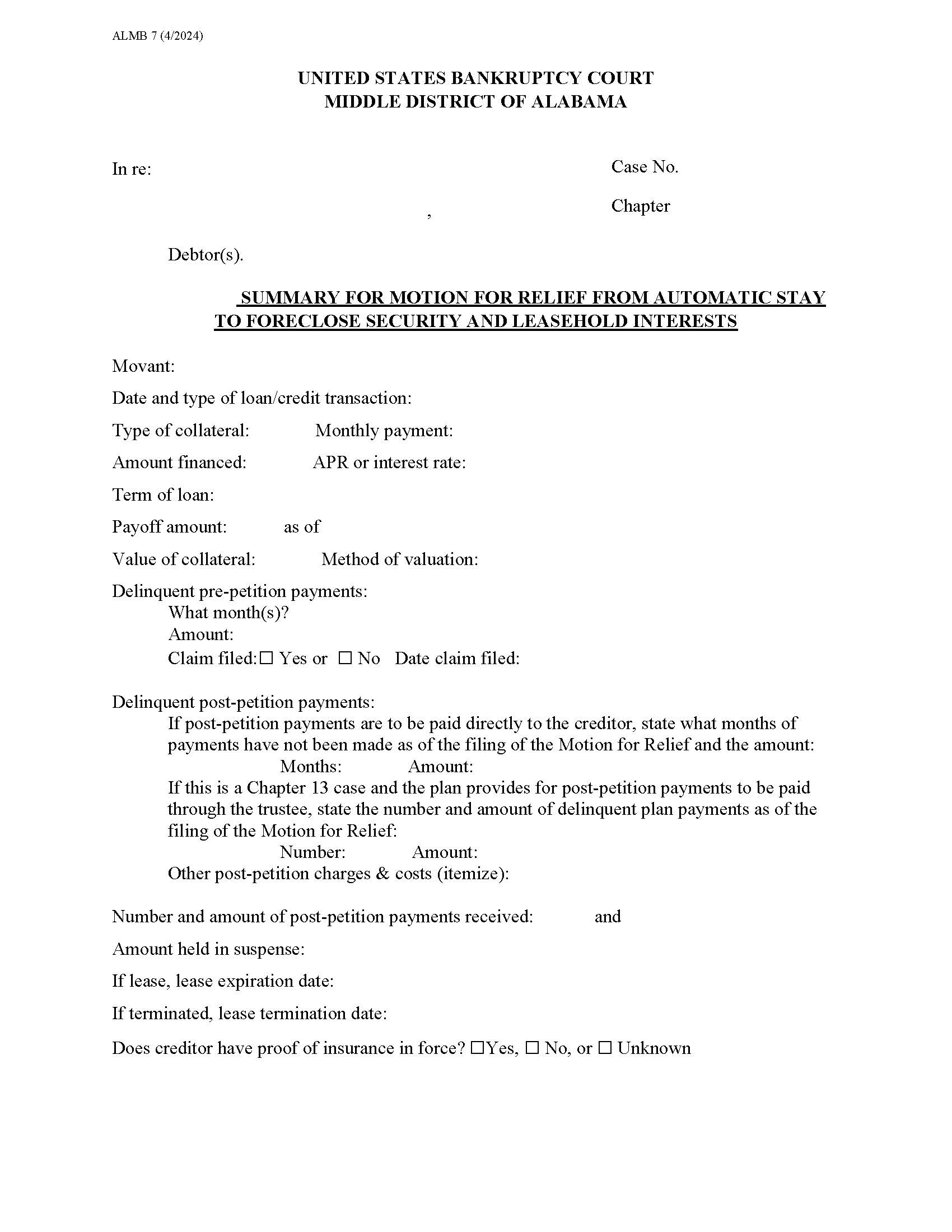 Summary For Motion For Relief From Automatic Stay {7} | Pdf Fpdf Docx | Alabama