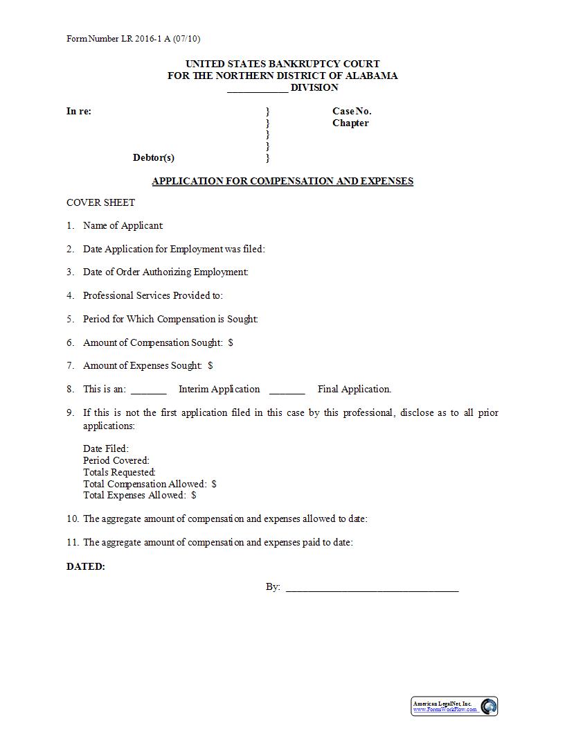 Application For Compensation And Expenses {LR 2016-1A} | Pdf Fpdf Docx | Alabama