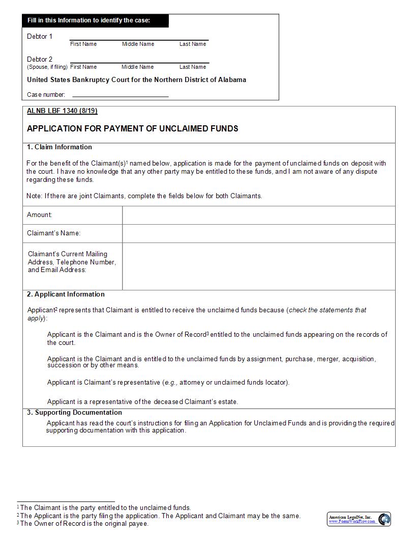 Application For Payment Of Unclaimed Funds {ALNB LBF 1340} | Pdf Fpdf Docx | Alabama