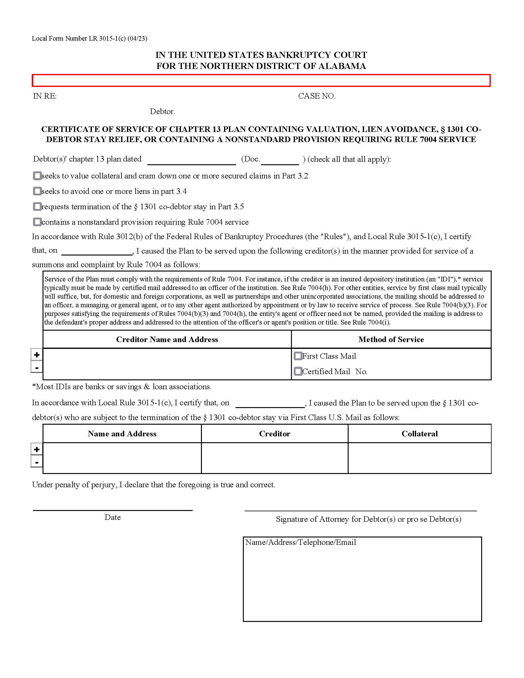 Certificate Of Service Of Chapter 13 Plan Containing Valuation Lien Avoidance {LR 3015-1(c)} | Pdf Fpdf Docx | Alabama