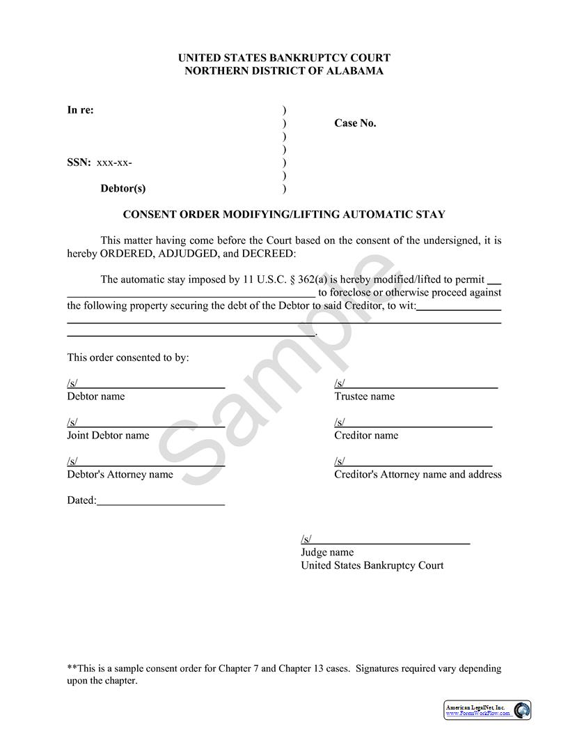 Consent Order Modifying Lifting Automatic Stay | Pdf Fpdf Docx | Alabama