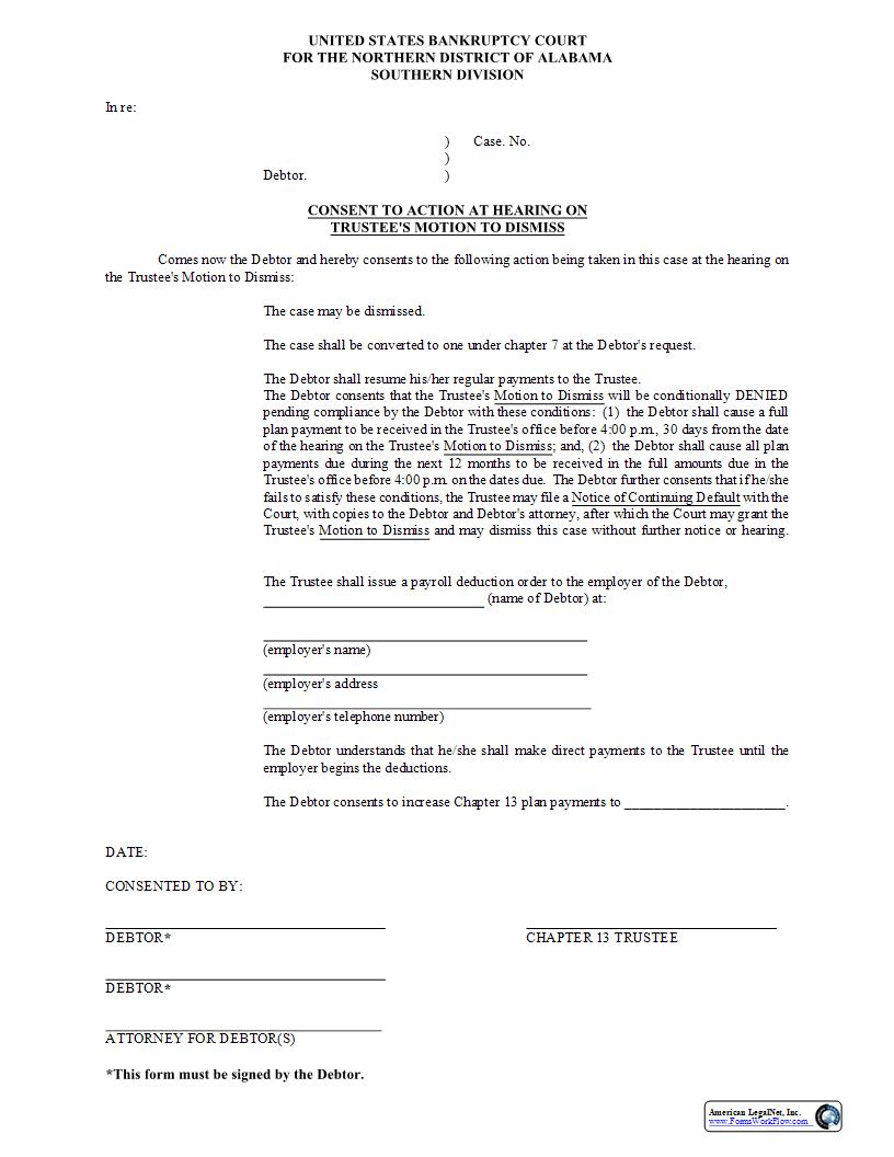 Consent To Action At Hearing On Trustee Motion To Dismiss Southern Division | Pdf Fpdf Docx | Alabama