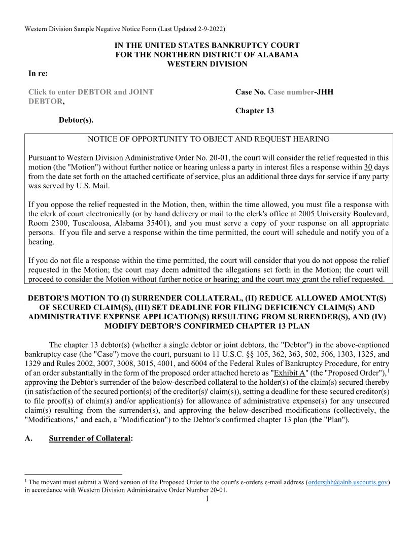 Debtors Motion to Surrender and Modify CH 13 Plan | Pdf Fpdf Docx | Alabama