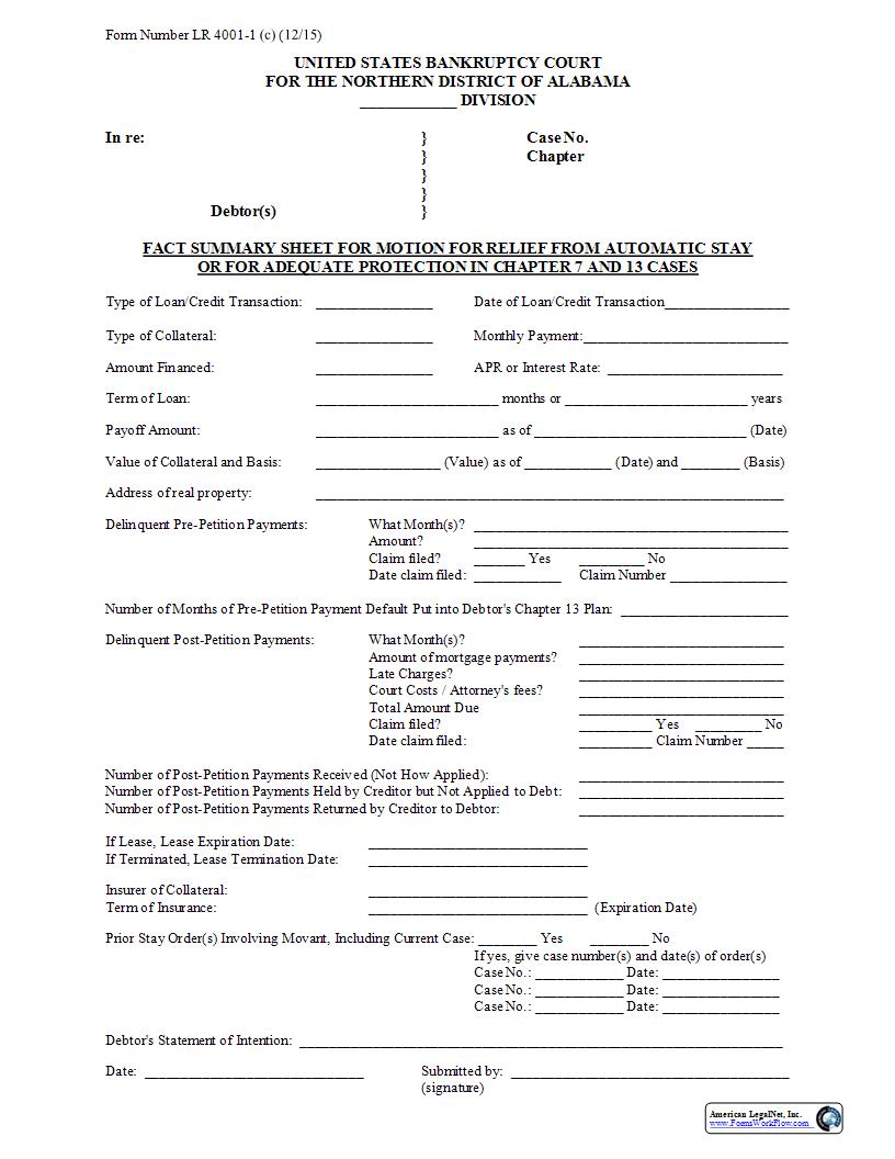 Fact Summary For Motion For Relief From Automatic Stay {LR 4001-1(c)} | Pdf Fpdf Docx | Alabama