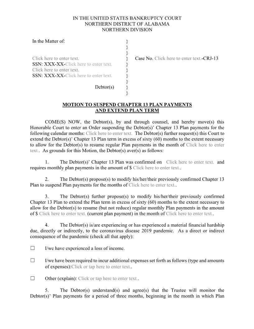 Motion To Suspend CH 13 Plan Payments | Pdf Fpdf Docx | Alabama
