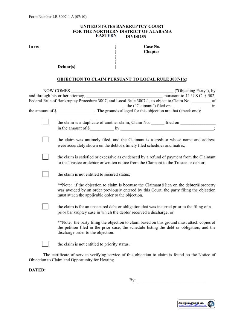 Objection To Claim Pursuant To Local Rule {LR 3007-1A} | Pdf Fpdf Docx | Alabama