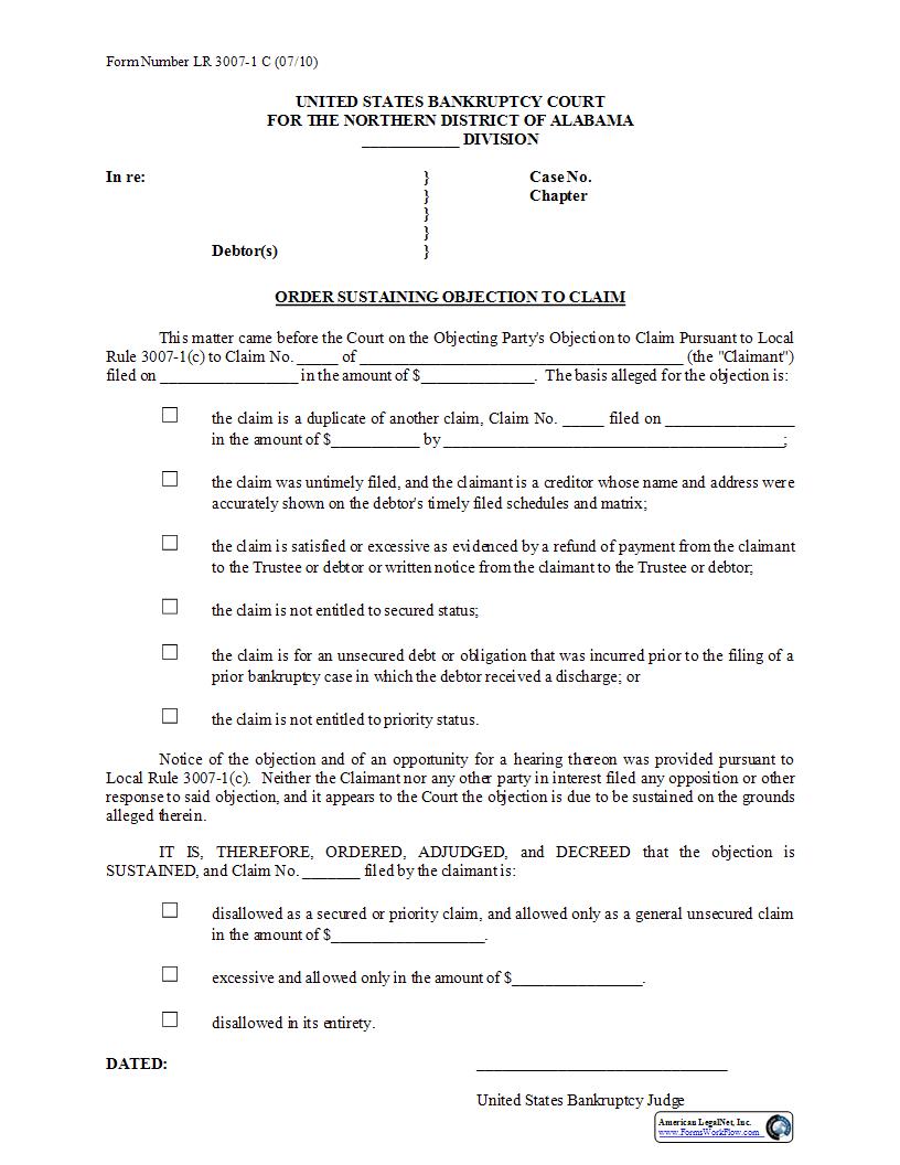 Order Sustaining Objection To Claim {LR 3007-1C} | Pdf Fpdf Docx | Alabama