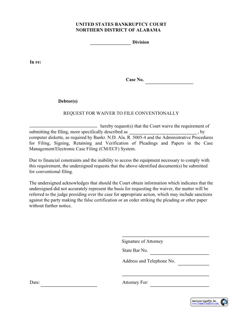 Request For Waiver To File Conventionally | Pdf Fpdf Docx | Alabama