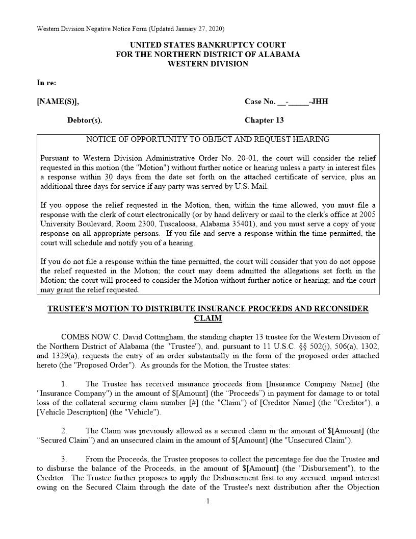 Trustee's Motion To Distribute Insurance Proceeds And Reconsider Claim CH 13 Western Div | Pdf Fpdf Docx | Alabama