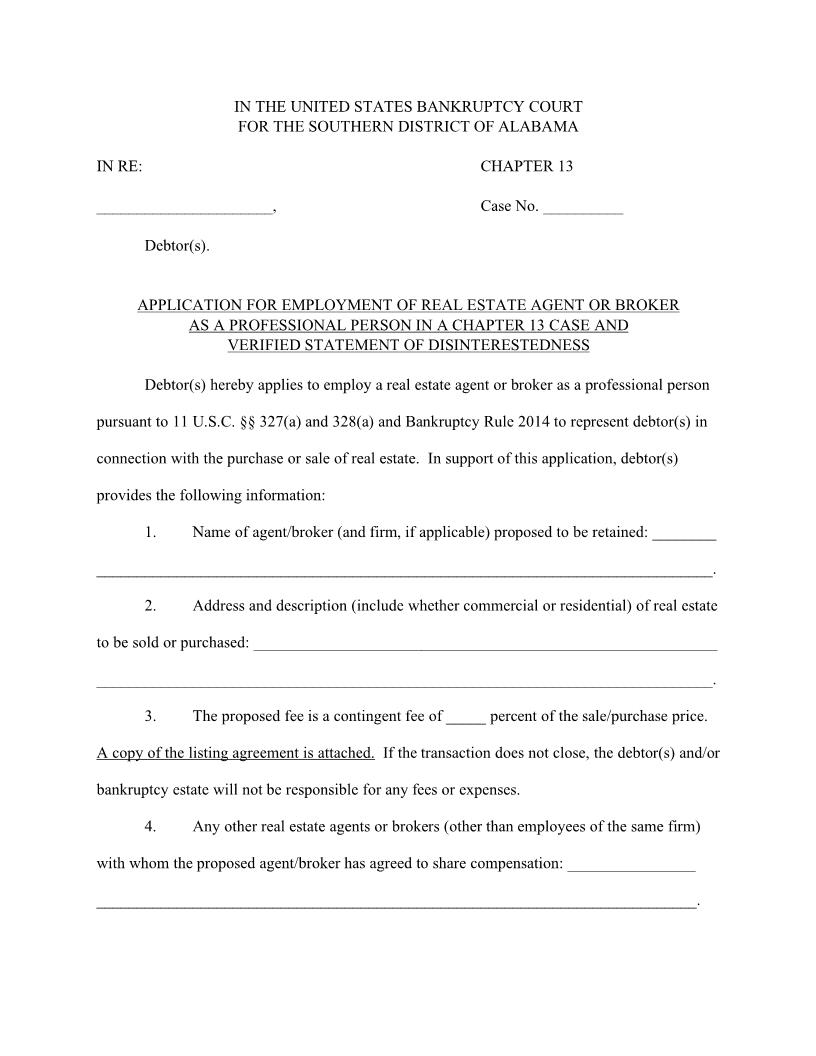 Application for Employment of Real Estate Agent or Broker in CH 13 | Pdf Fpdf Docx | Alabama