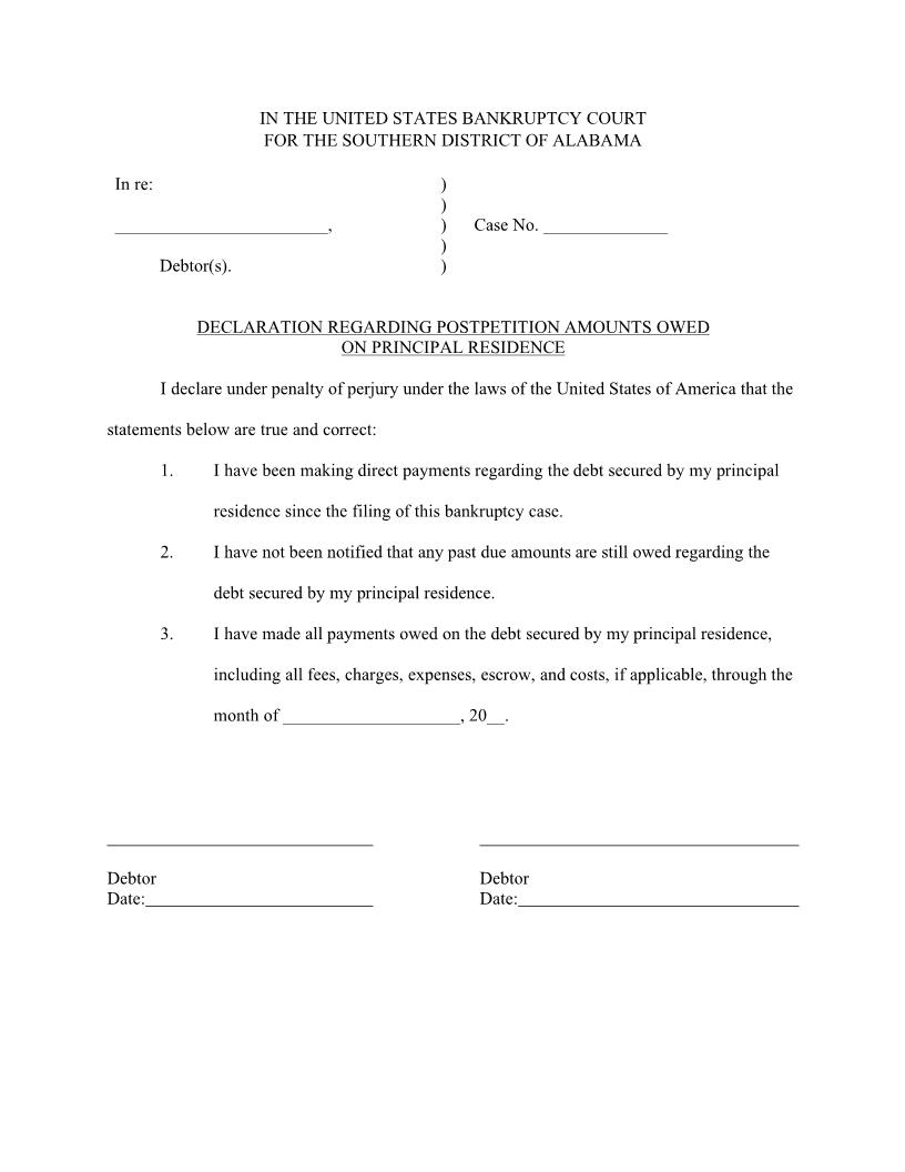 Declaration Regarding Payments Owed On Principal Residence | Pdf Fpdf Docx | Alabama