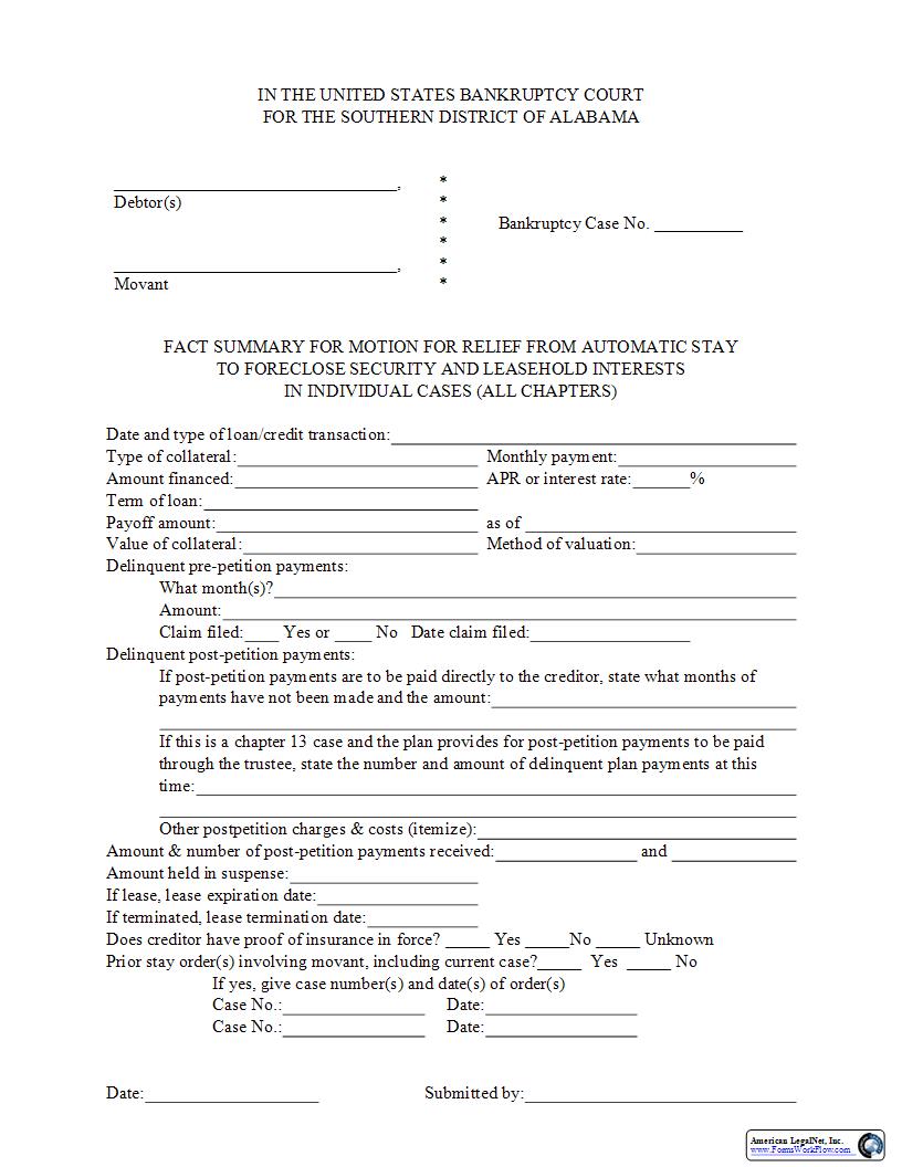 Fact Summary For Motion For Relief From Automatic Stay | Pdf Fpdf Docx | Alabama