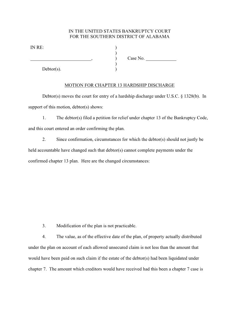Motion For Ch 13 Hardship Discharge | Pdf Fpdf Docx | Alabama