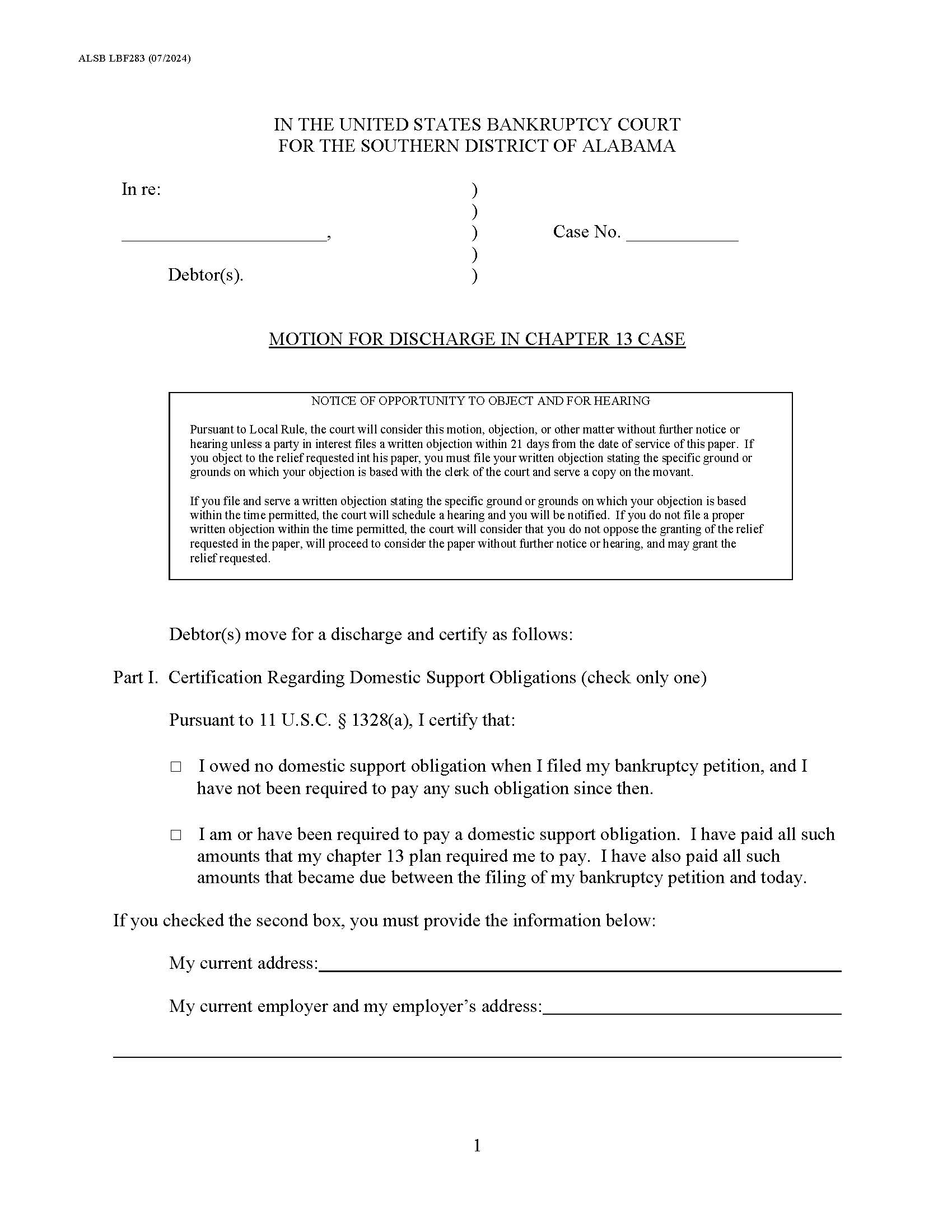 Motion For Discharge In Chapter 13 Case {Form 283} | Pdf Fpdf Docx | Alabama