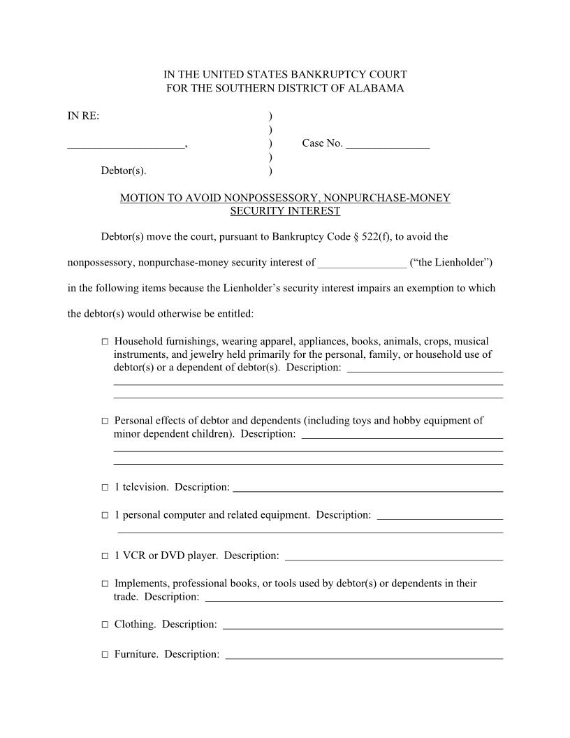 Motion To Avoid Nonpossessory Nonpurchase Money Security Interest | Pdf Fpdf Docx | Alabama