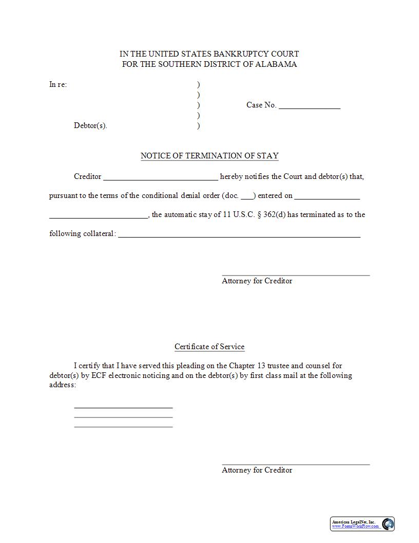Notice Of Termination Of Stay | Pdf Fpdf Docx | Alabama