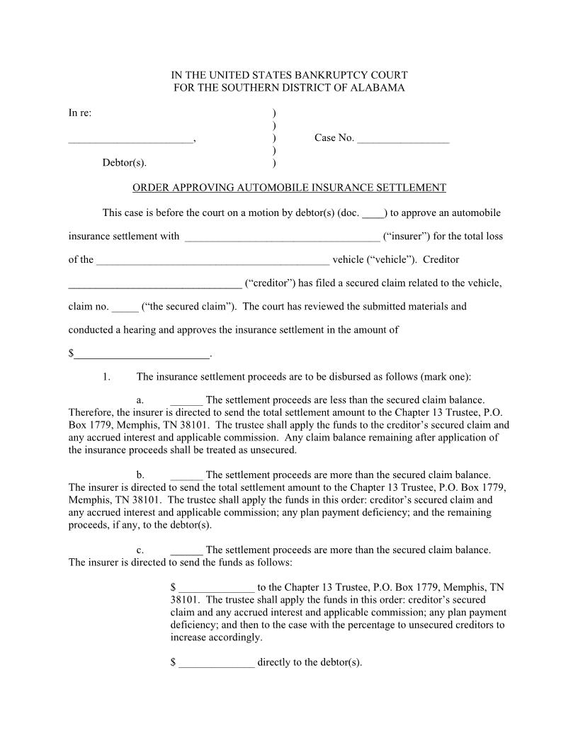 Order Approving Auto Insurance Settlement | Pdf Fpdf Docx | Alabama