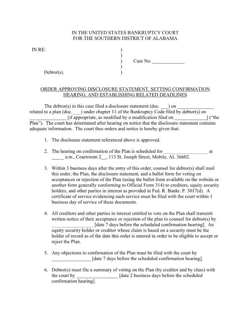Order Approving Disclosure Statement | Pdf Fpdf Docx | Alabama