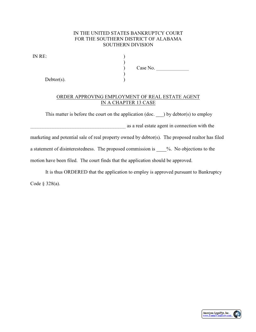 Order Approving Employment Of Real Estate Agent CH 13 | Pdf Fpdf Docx | Alabama