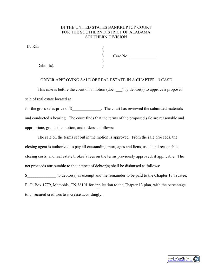 Order Approving Sale Of Real Estate CH 13 | Pdf Fpdf Docx | Alabama