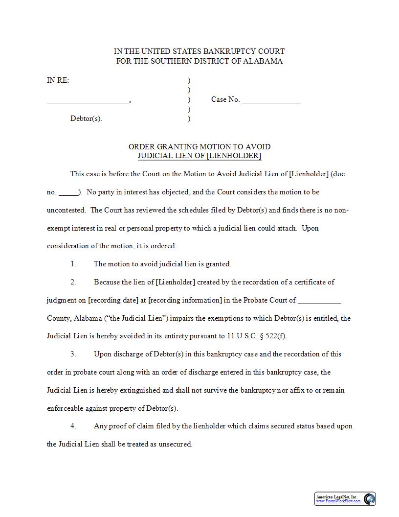 Order Granting Motion To Avoid Judicial Lien | Pdf Fpdf Docx | Alabama