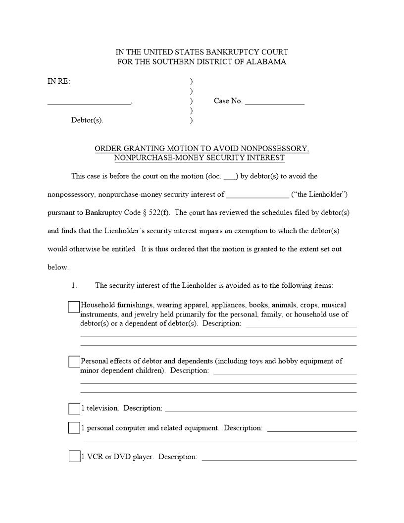 Order Granting Motion To Avoid Security Interest | Pdf Fpdf Docx | Alabama