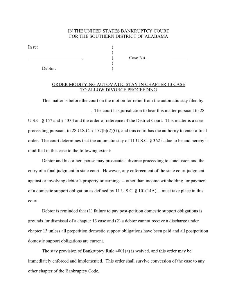 Order Modifying Automatic Stay To Allow Divorce Proceeding | Pdf Fpdf Docx | Alabama