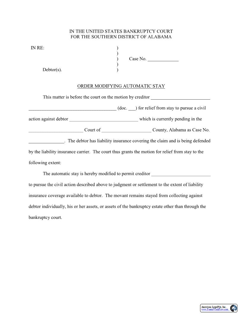Order Modifying Automatic Stay | Pdf Fpdf Docx | Alabama