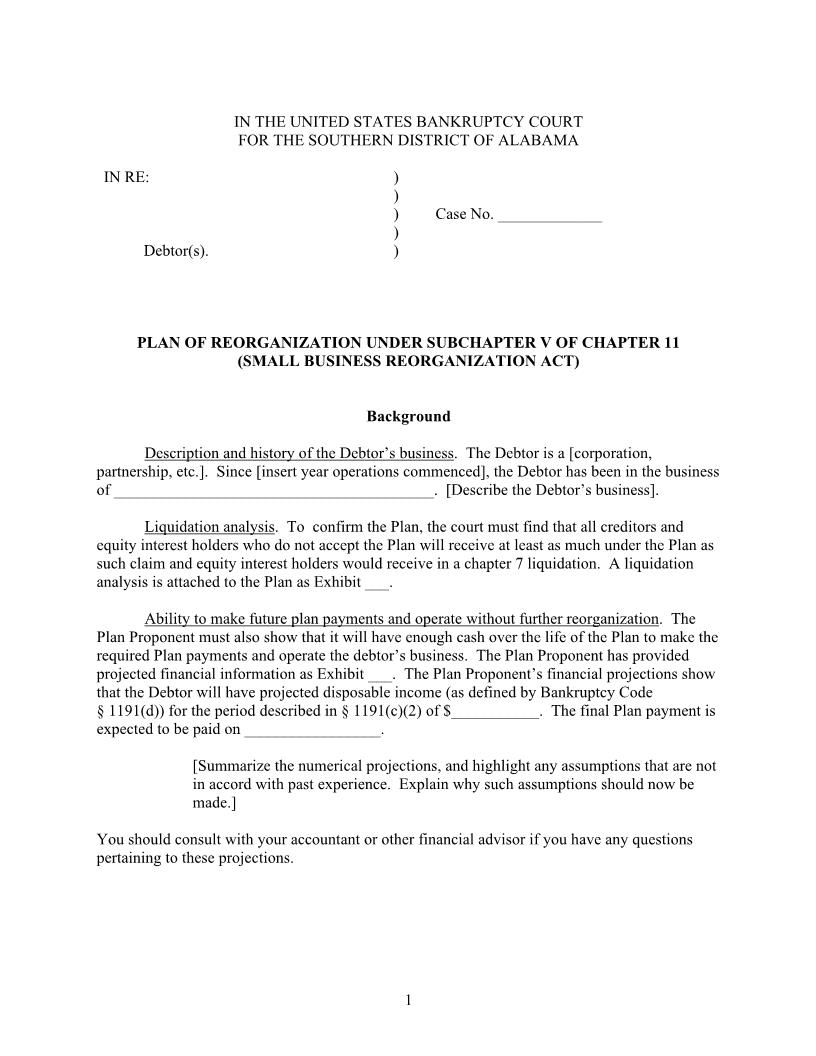 Plan Of Reorganization CH 11 Small Business | Pdf Fpdf Docx | Alabama