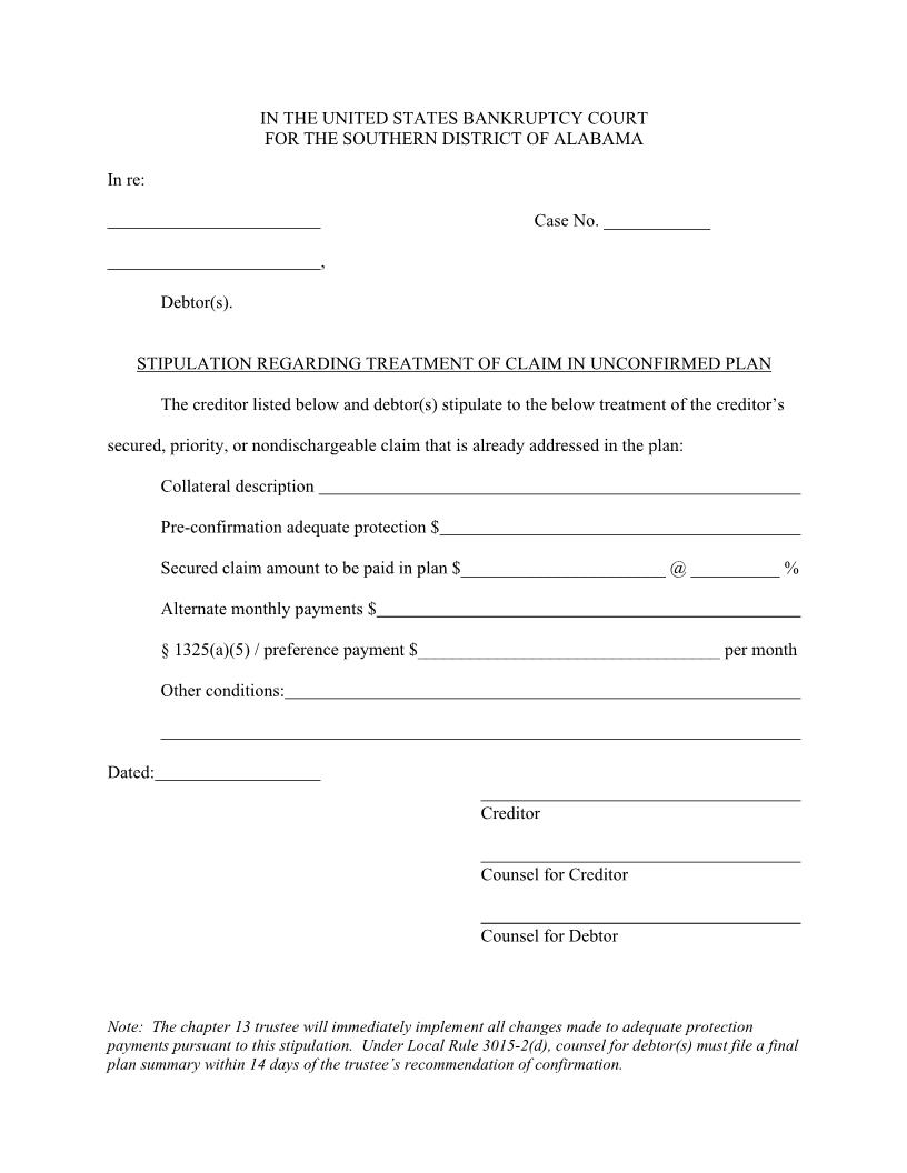Stipulation Regarding Treatment Of Claim In Unconfirmed Plan | Pdf Fpdf Docx | Alabama