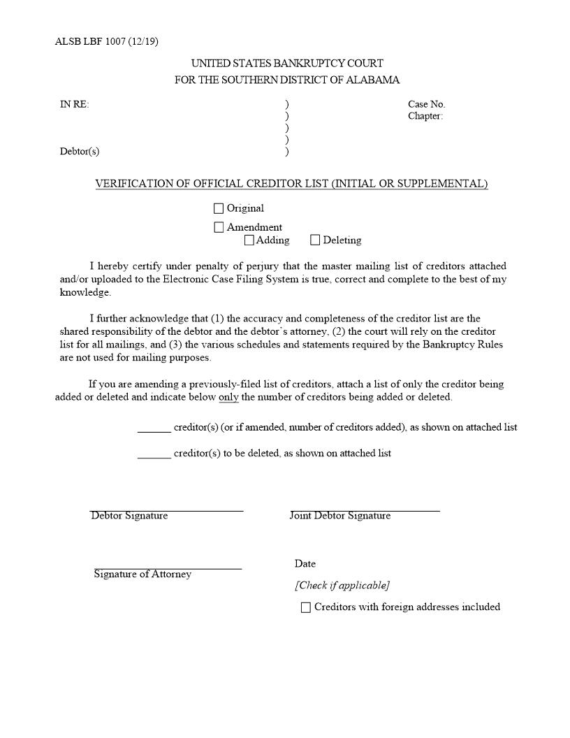 Verification Of Official Creditor List {ALSB LBF 1007} | Pdf Fpdf Docx | Alabama