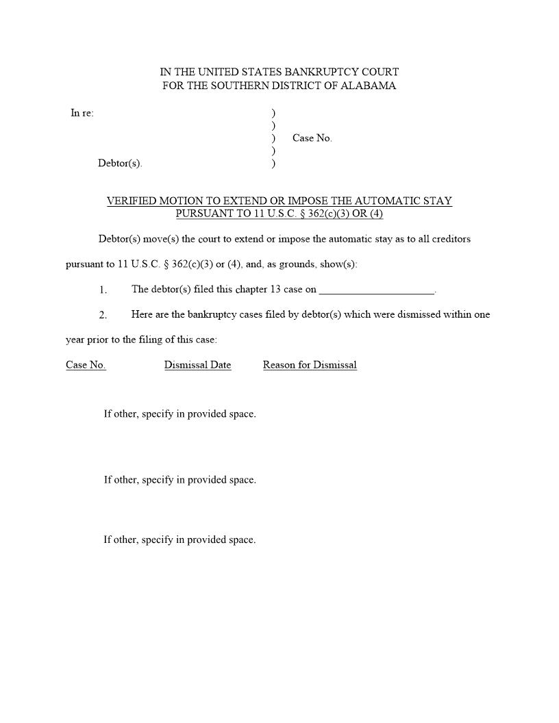 Verified Motion To Extend Or Impose Automatic Stay Final | Pdf Fpdf Docx | Alabama