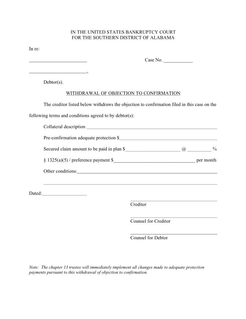 Withdrawal Of Objection To Confirmation | Pdf Fpdf Docx | Alabama