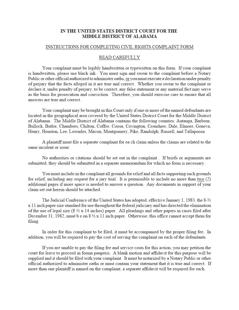 Civil Rights Complaint | Pdf Fpdf Docx | Alabama