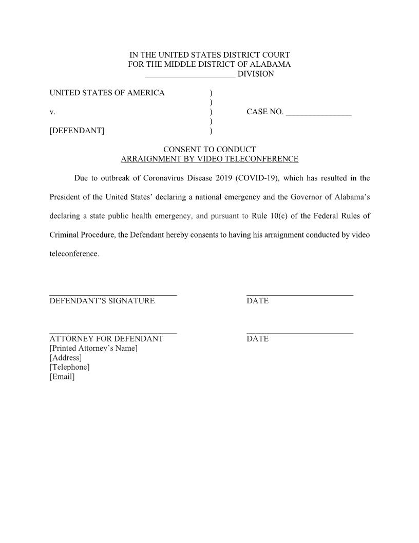 Consent To Conduct Arraignment By Video Teleconference | Pdf Fpdf Docx | Alabama