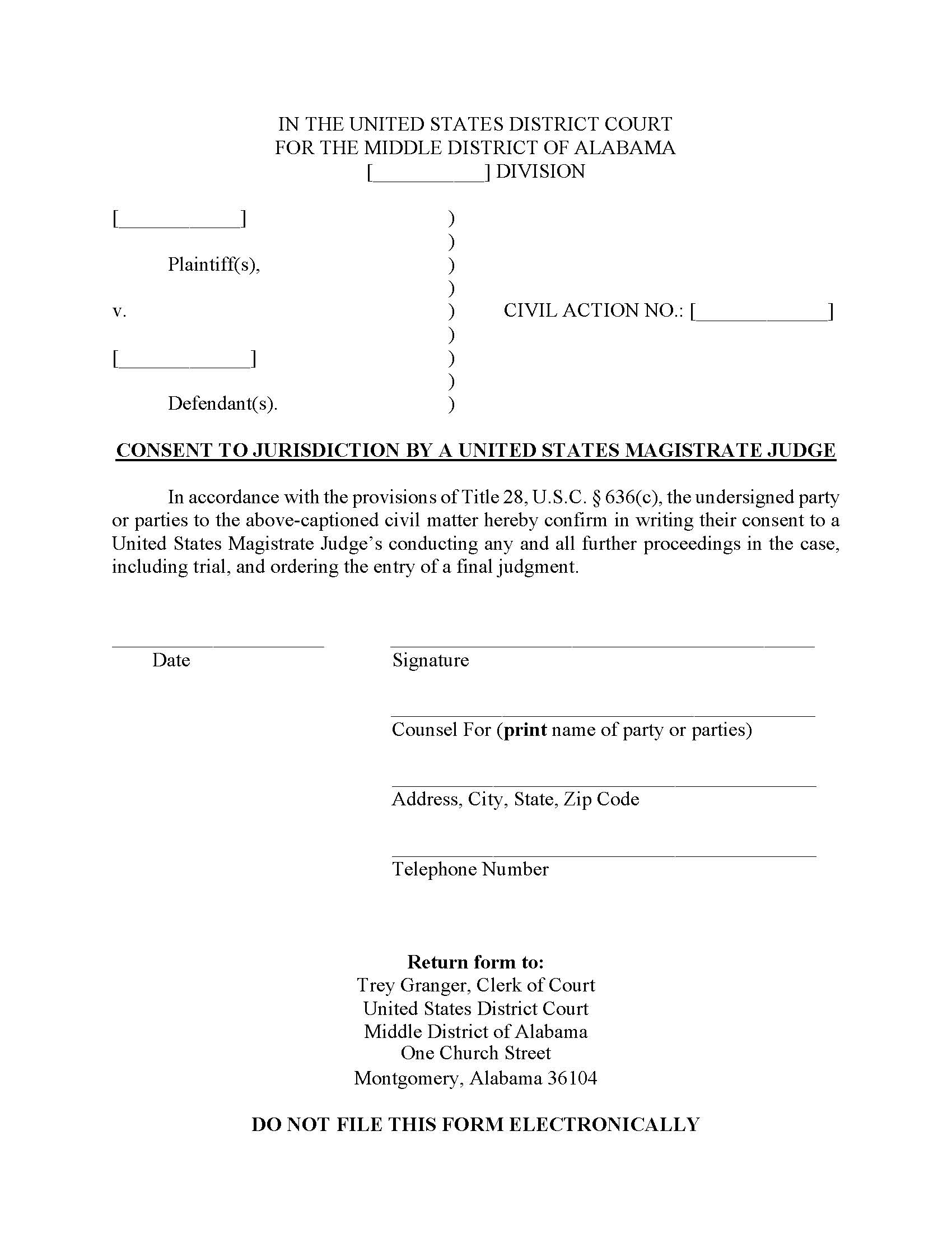 Consent To Jurisdiction By United States Magistrate Judge | Pdf Fpdf Docx | Alabama