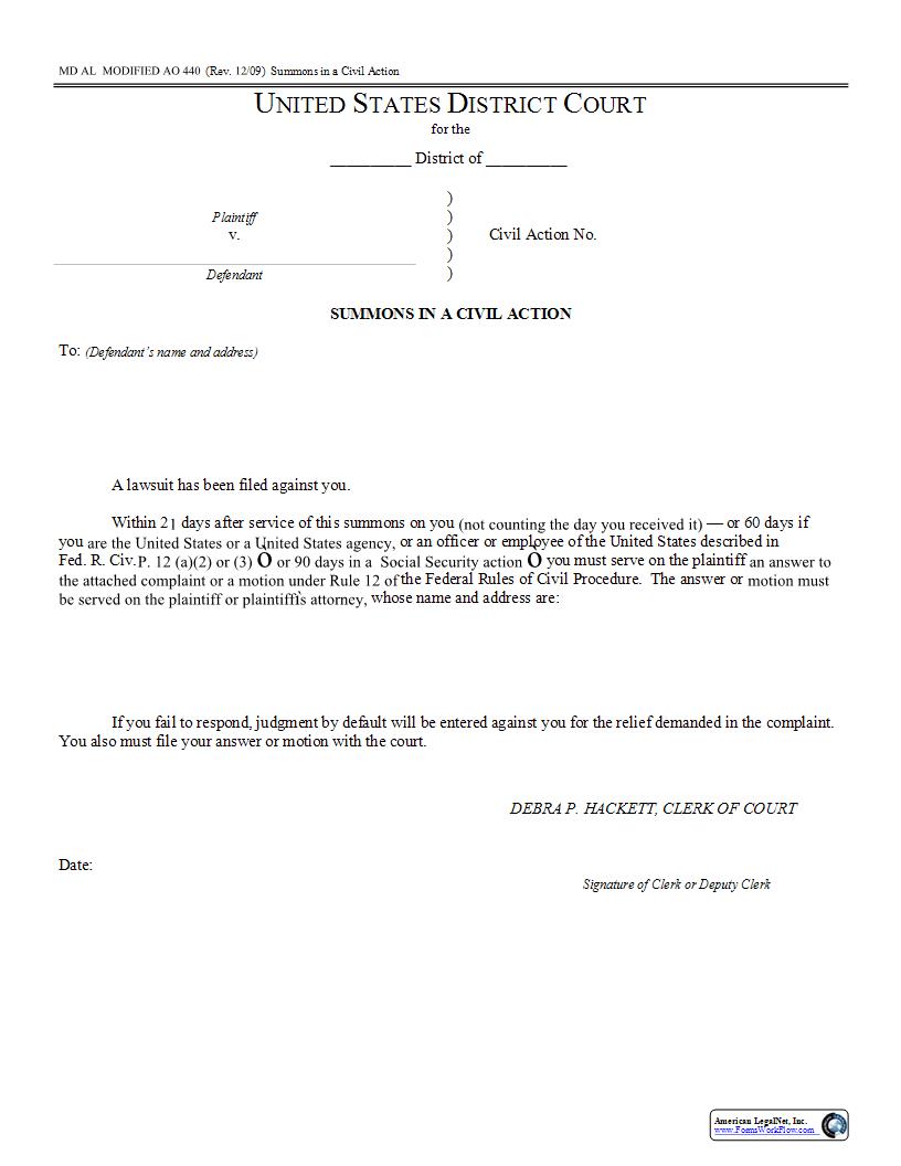 Summons In A Civil Action {MD 440} |  | Alabama
